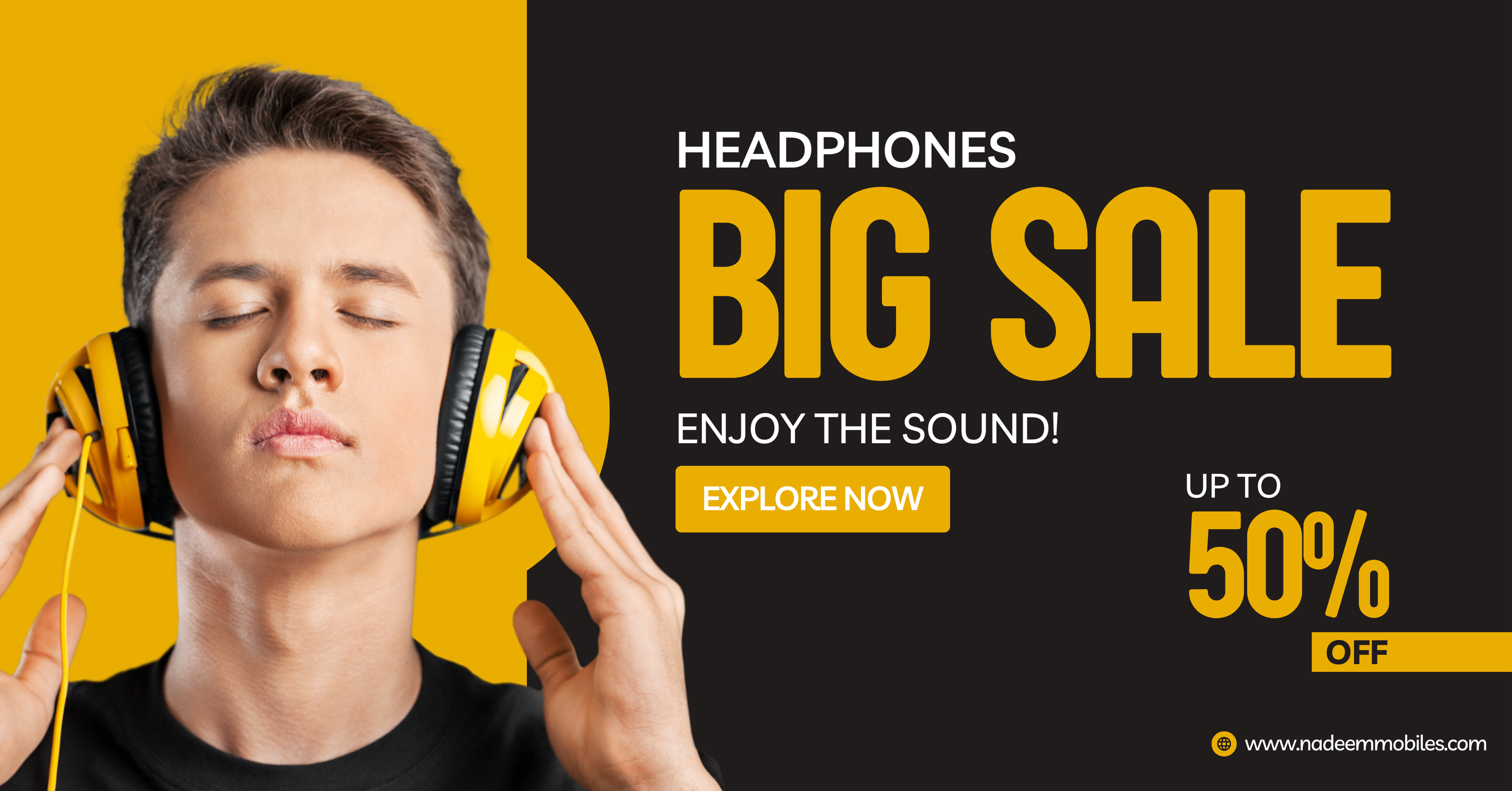 Black and Yellow Modern and Typographic Headphones Brand Facebook Ad